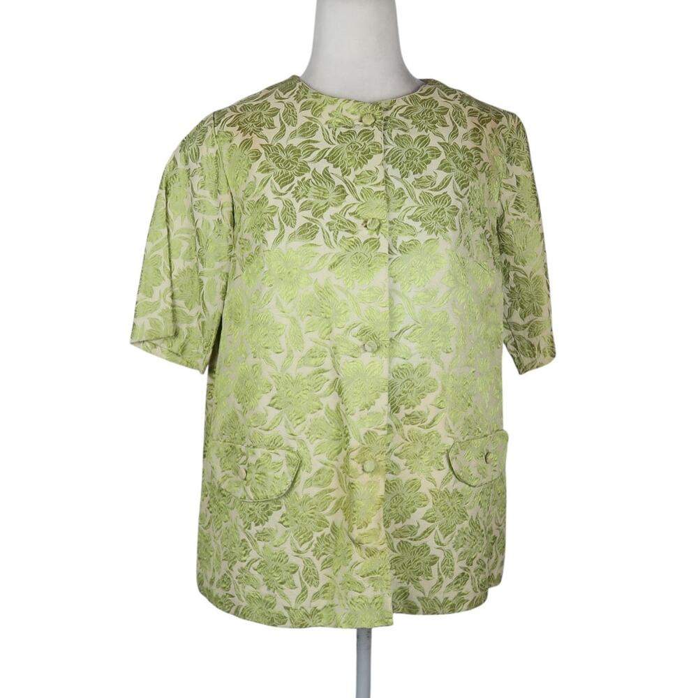 Vintage 60s/70s Green Floral Brocade Jacquard Embroidered Short Sleeve Jacket